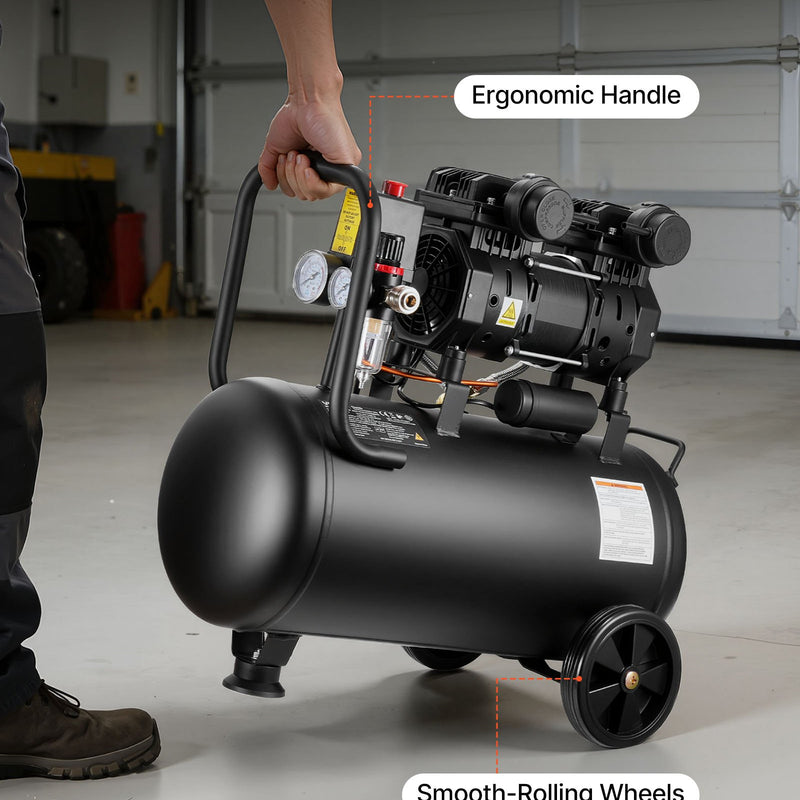 VEVOR bezeļļas gaisa kompresors 30 l, 1,5 kW, 126 l/min pie 6,2 bar, maksimālais spiediens 8 bar, uz riteņiem riepu piepumpēšanai, krāsošanai un pneimatiskajiem instrumentiem