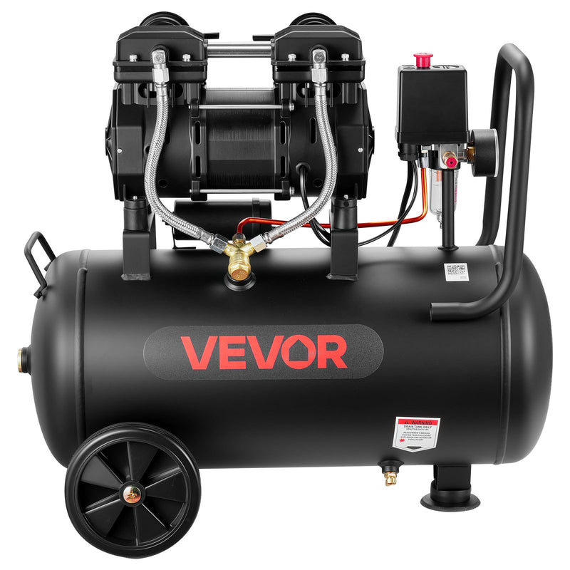 VEVOR bezeļļas gaisa kompresors 30 l, 1,5 kW, 126 l/min pie 6,2 bar, maksimālais spiediens 8 bar, uz riteņiem riepu piepumpēšanai, krāsošanai un pneimatiskajiem instrumentiem