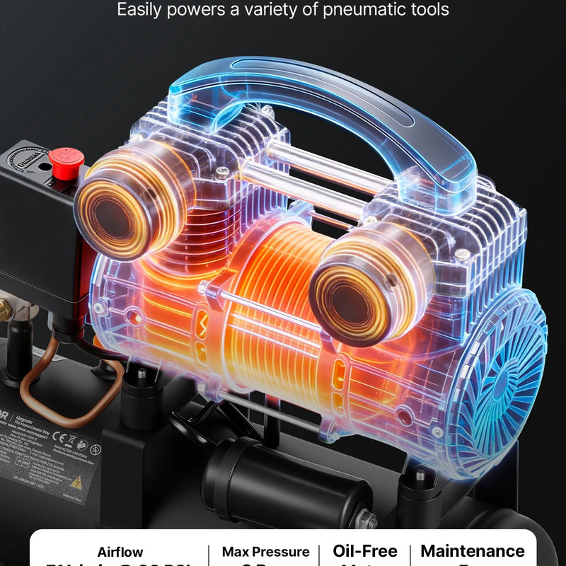 VEVOR bezeļļas gaisa kompresors 6 l, 0,75 kW, 71 l/min, 8 bar, pārnēsājams kompresors riepu piepumpēšanai, krāsošanai un pneimatiskajiem instrumentiem