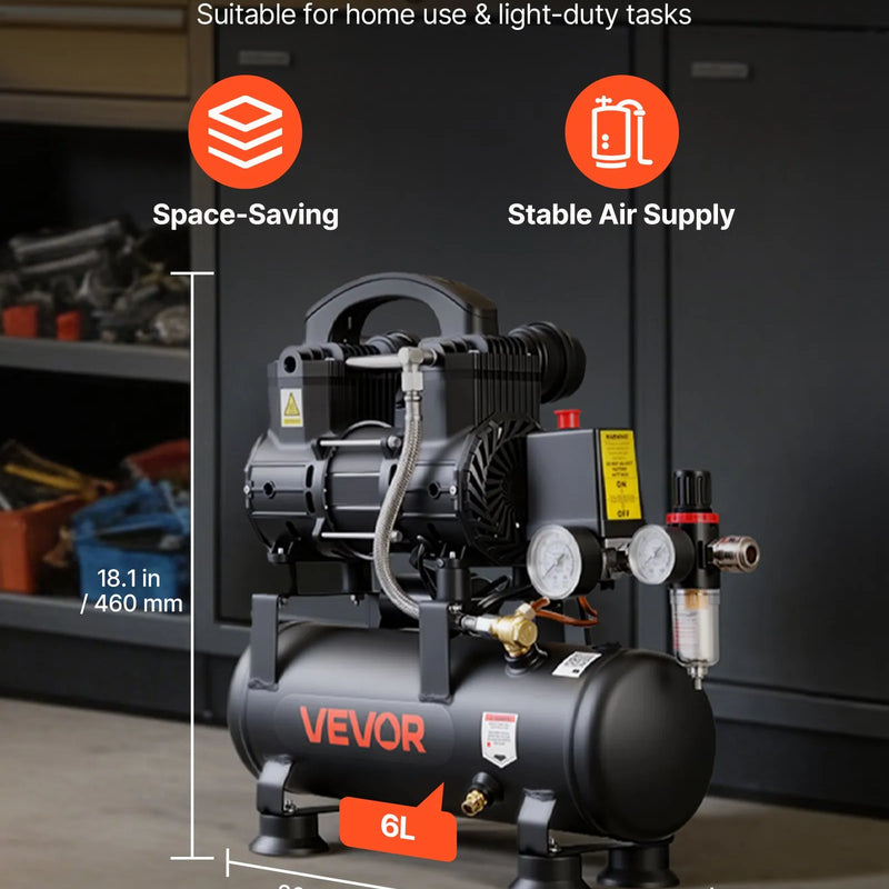 VEVOR bezeļļas gaisa kompresors 6 l, 0,75 kW, 71 l/min, 8 bar, pārnēsājams kompresors riepu piepumpēšanai, krāsošanai un pneimatiskajiem instrumentiem