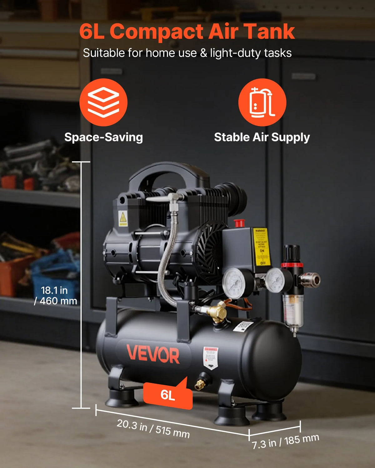 VEVOR õlivaba õhukompressor 6 l, 0,75 kW, 71 l/min, 8 bar, kaasaskantav kompressor rehvide täispumpamiseks, värvimiseks ja pneumaatiliste tööriistade jaoks