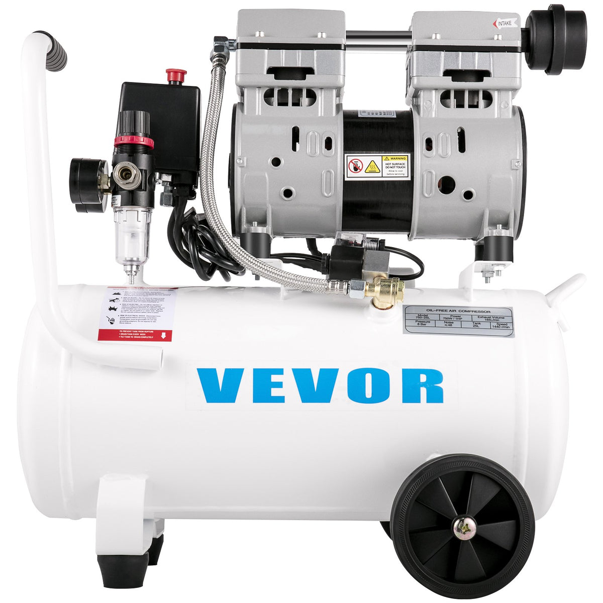 VEVOR gaisa kompresors 21 l, pārnēsājams, 1 HP, bez eļļļas, tērauda tvertne, 750 W, plācenīša tipa, 8 bar (115 PSI), īpaši kluss, mājas remontam un riepu piepumpēšanai
