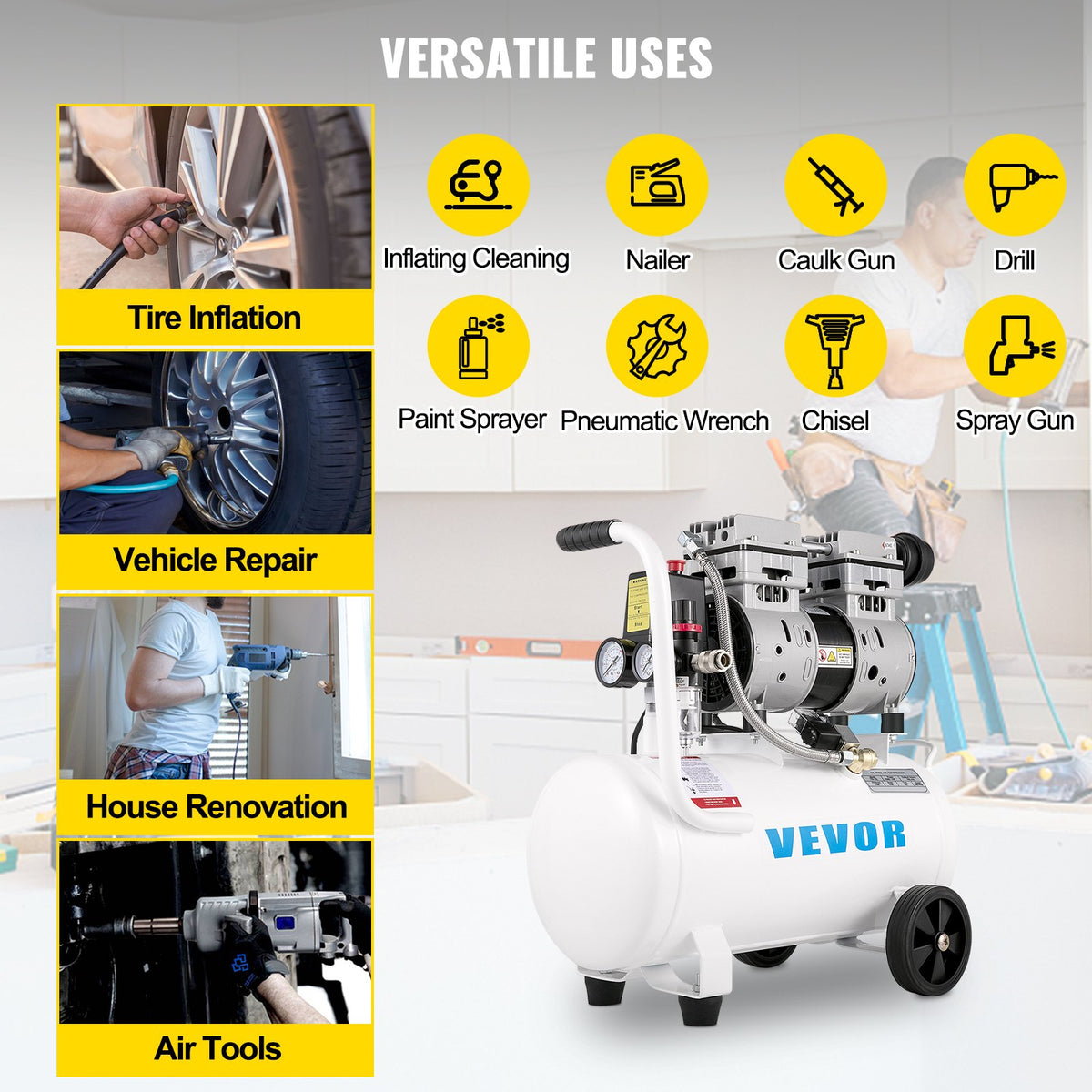 VEVOR gaisa kompresors 21 l, pārnēsājams, 1 HP, bez eļļļas, tērauda tvertne, 750 W, plācenīša tipa, 8 bar (115 PSI), īpaši kluss, mājas remontam un riepu piepumpēšanai
