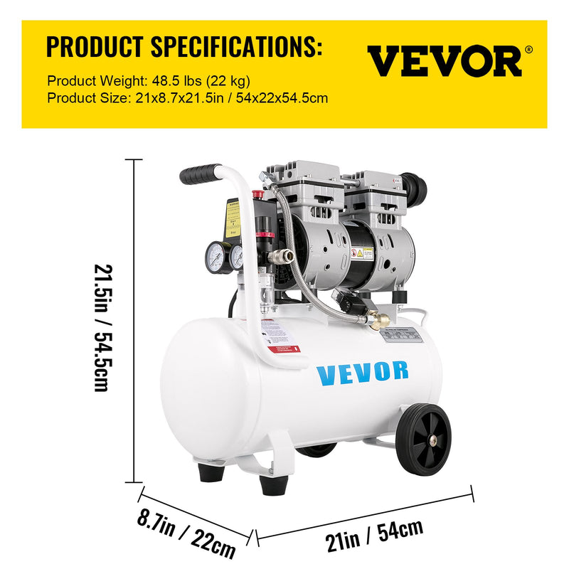 VEVOR gaisa kompresors 21 l, pārnēsājams, 1 HP, bez eļļas, tērauda tvertne, 750 W, plācenīša tipa, 8 bar (115 PSI), īpaši kluss, mājas remontam un riepu piepumpēšanai