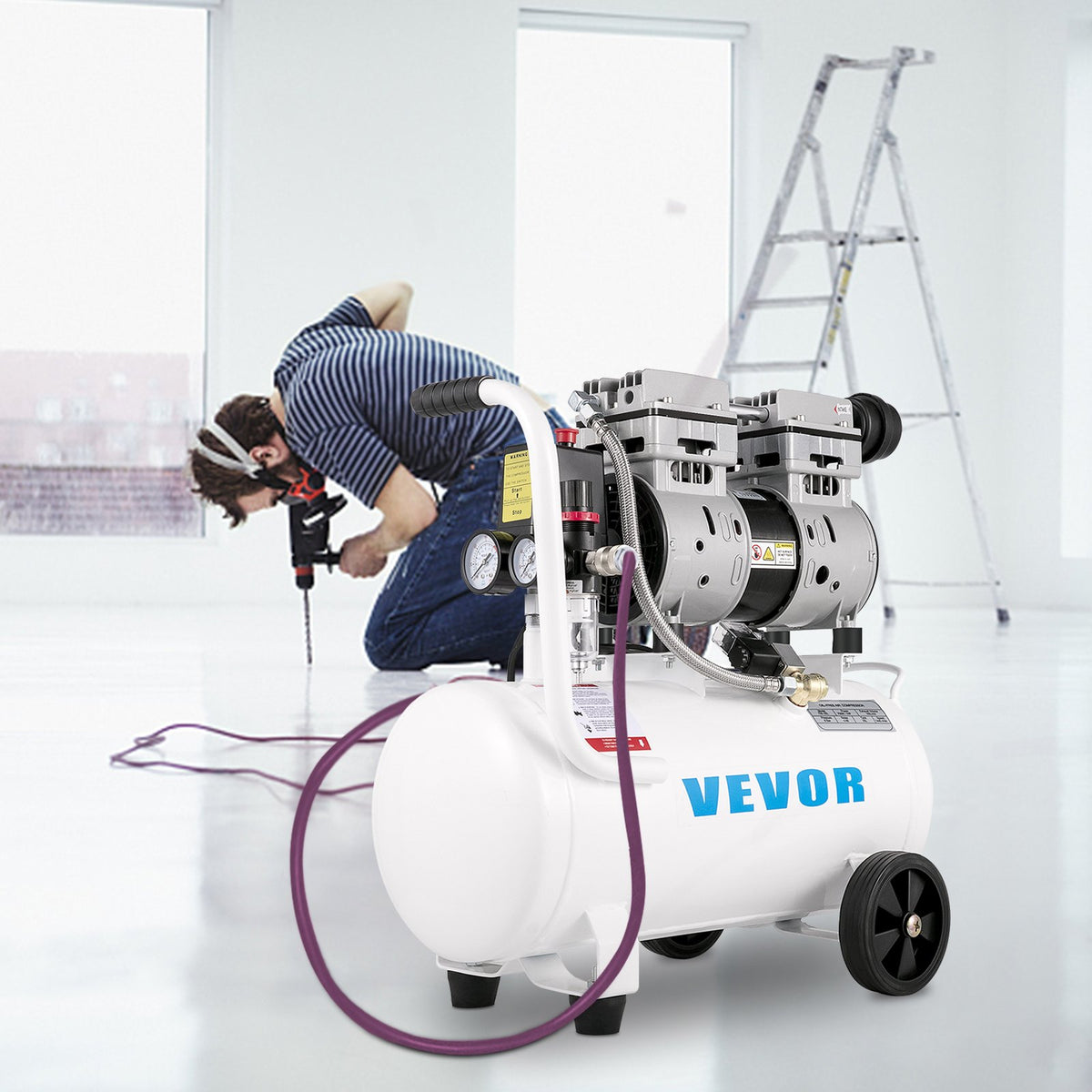 VEVOR gaisa kompresors 21 l, pārnēsājams, 1 HP, bez eļļļas, tērauda tvertne, 750 W, plācenīša tipa, 8 bar (115 PSI), īpaši kluss, mājas remontam un riepu piepumpēšanai