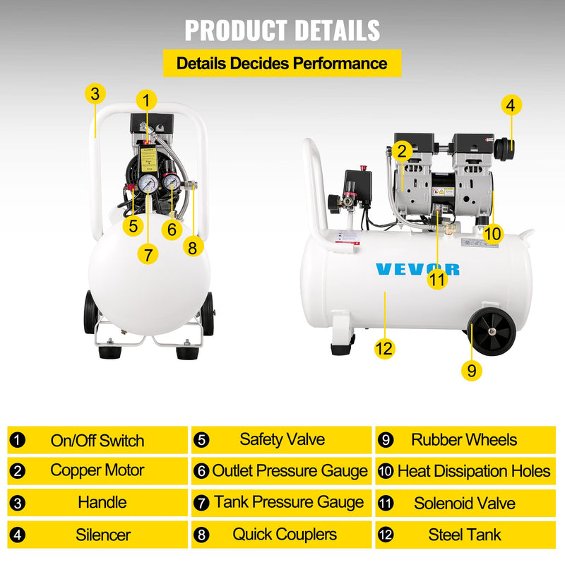 VEVOR gaisa kompresors 11 L, īpaši kluss, 1 HP, bez-eļļas, tērauda tvertne, 750 W, pārnēsājams, 8 bar, mājas remontam un riepu piepumpēšanai