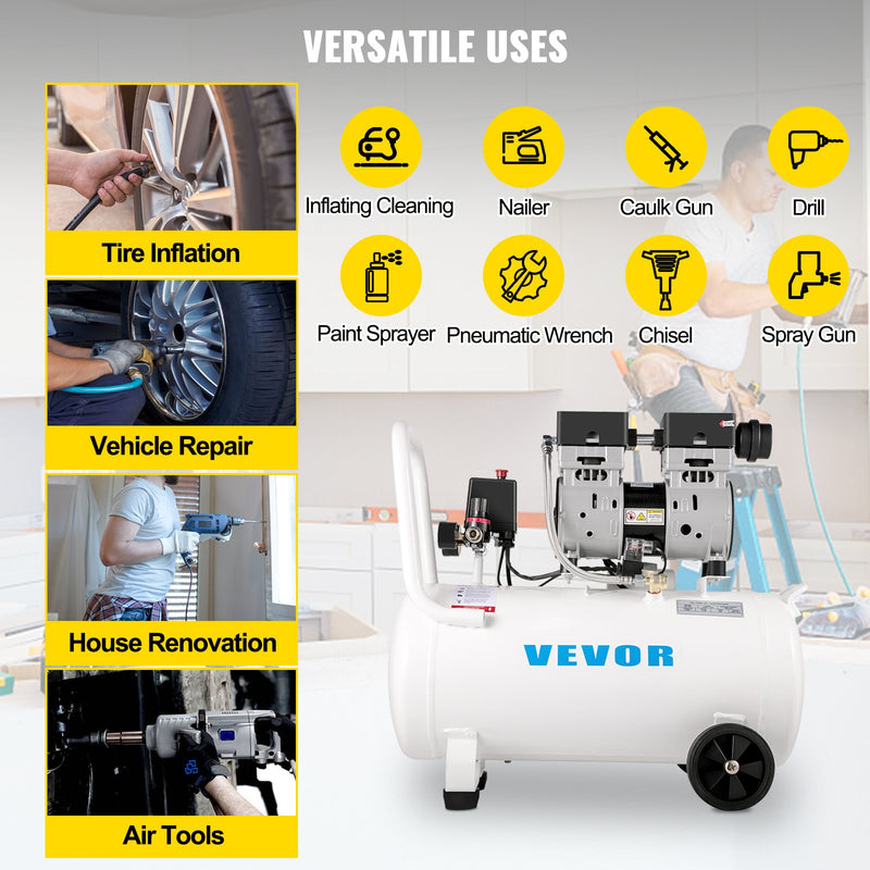 VEVOR gaisa kompresors 11 L, īpaši kluss, 1 HP, bez-eļļas, tērauda tvertne, 750 W, pārnēsājams, 8 bar, mājas remontam un riepu piepumpēšanai