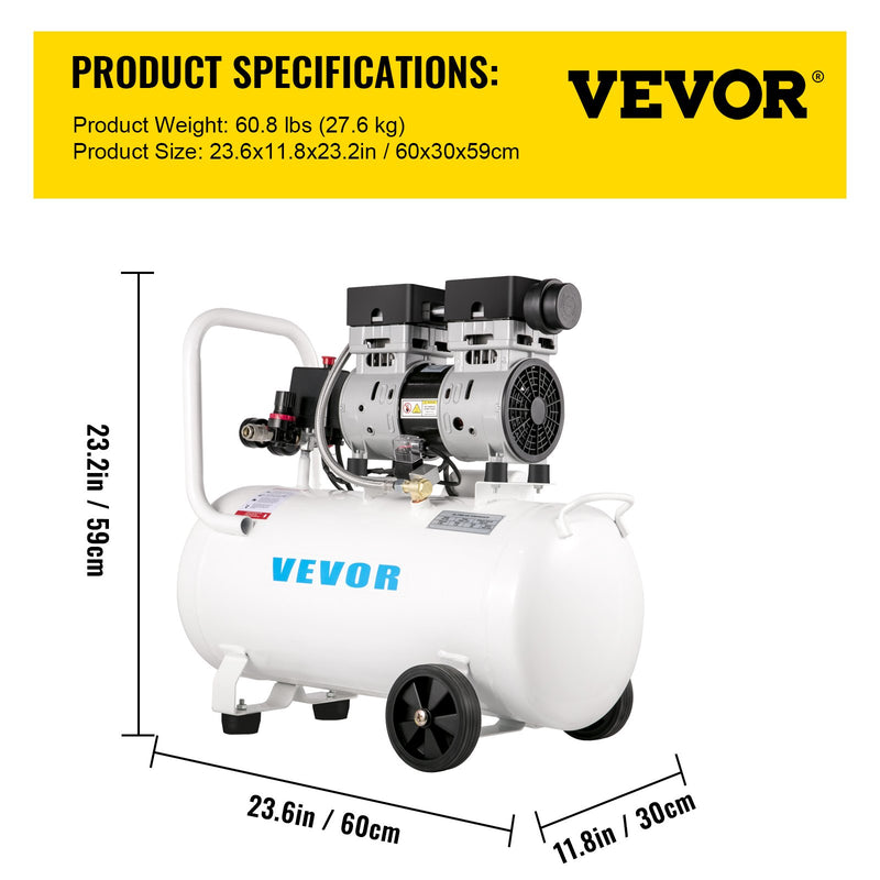 VEVOR gaisa kompresors 11 L, īpaši kluss, 1 HP, bez-eļļas, tērauda tvertne, 750 W, pārnēsājams, 8 bar, mājas remontam un riepu piepumpēšanai
