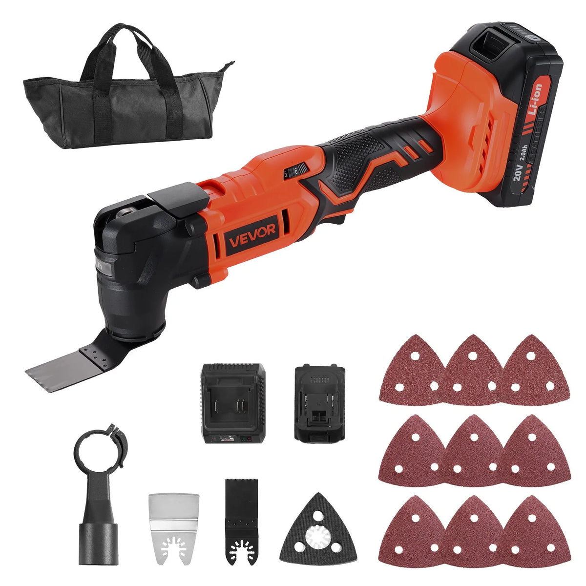 VEVOR Cordless Multi-Function Oscillating Tool 20V with 6 Speeds (8500–17000 OPM), 3.2° Oscillation Angle, 2.0 Ah Battery and Charger, 12 Cutting Accessories and LED Work Light