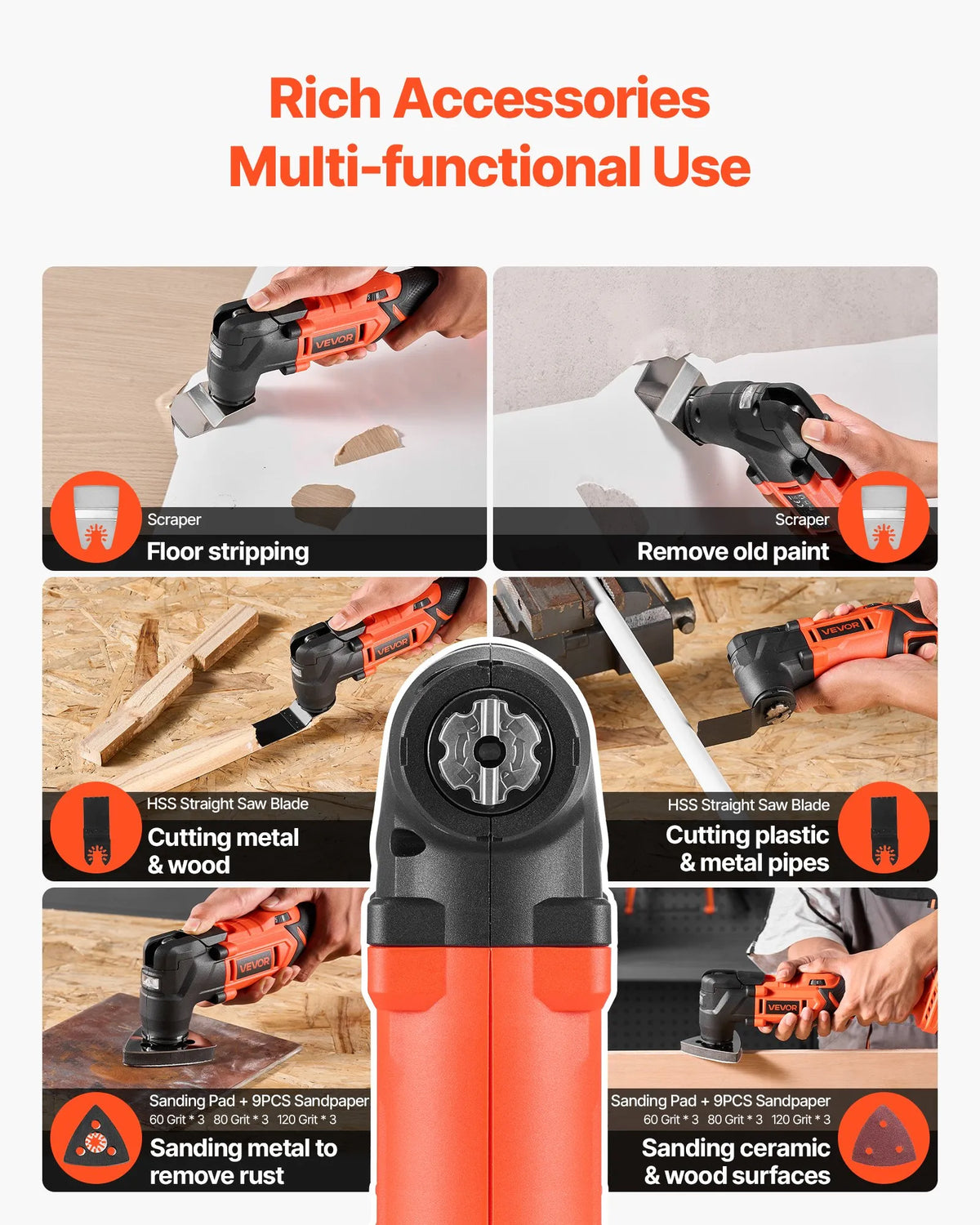 VEVOR Cordless Multi-Function Oscillating Tool 20V with 6 Speeds (8500–17000 OPM), 3.2° Oscillation Angle, 2.0 Ah Battery and Charger, 12 Cutting Accessories and LED Work Light