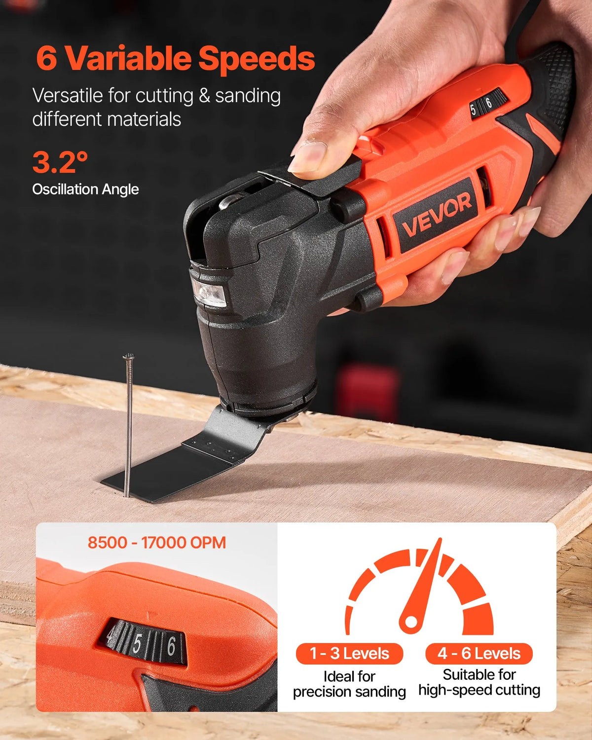 VEVOR Cordless Multi-Function Oscillating Tool 20V with 6 Speeds (8500–17000 OPM), 3.2° Oscillation Angle, 2.0 Ah Battery and Charger, 12 Cutting Accessories and LED Work Light