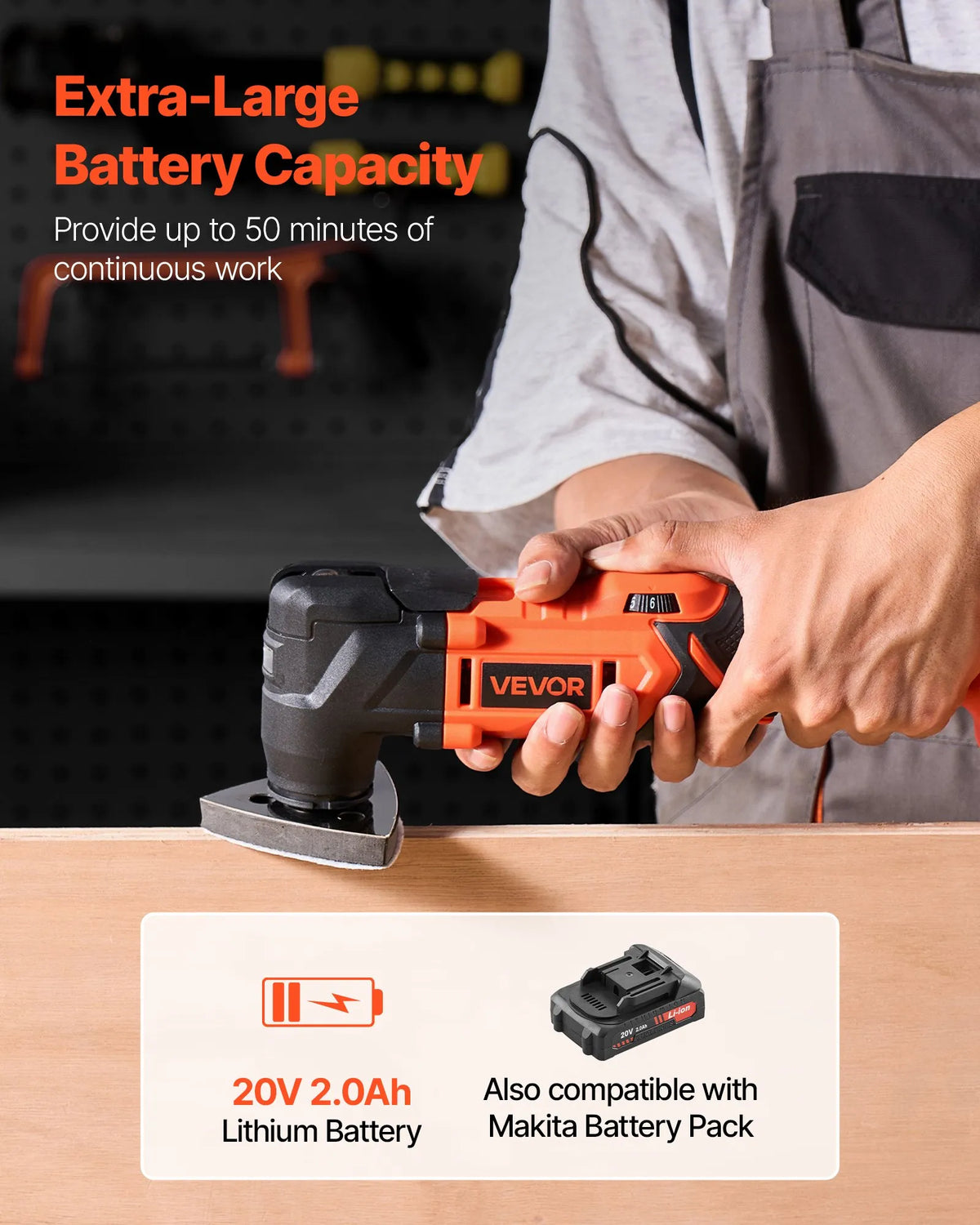 VEVOR Cordless Multi-Function Oscillating Tool 20V with 6 Speeds (8500–17000 OPM), 3.2° Oscillation Angle, 2.0 Ah Battery and Charger, 12 Cutting Accessories and LED Work Light