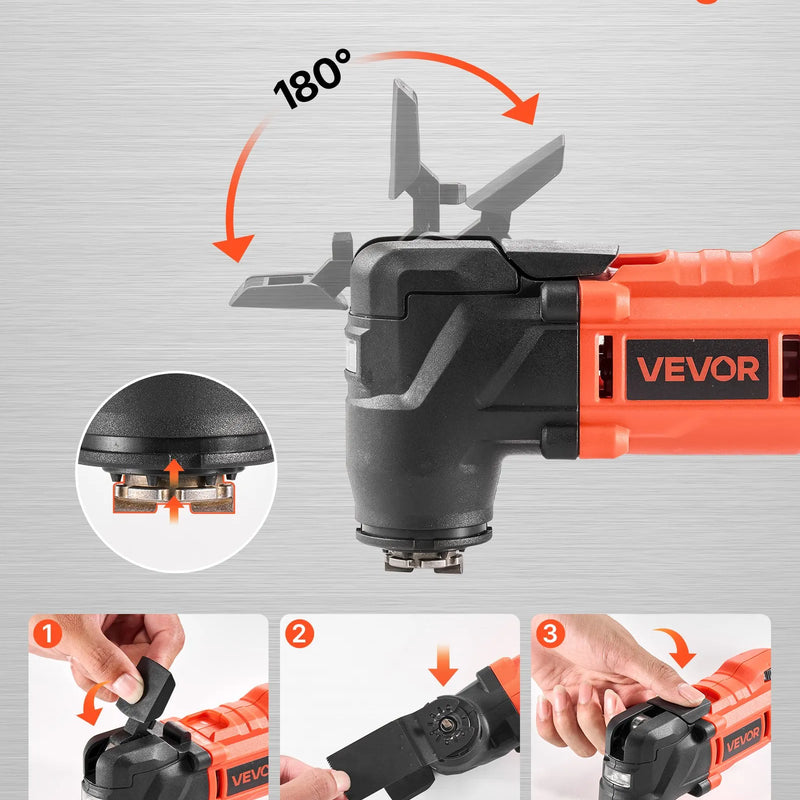 VEVOR bezvadu daudzfunkcionālais oscilējošais instruments 20 V ar 6 ātrumiem (8500–17000 OPM), 3,2° svārstību leņķi, 2,0 Ah akumulatoru un lādētāju, 12 zāģēšanas piederumiem un LED darba apgaismojumu