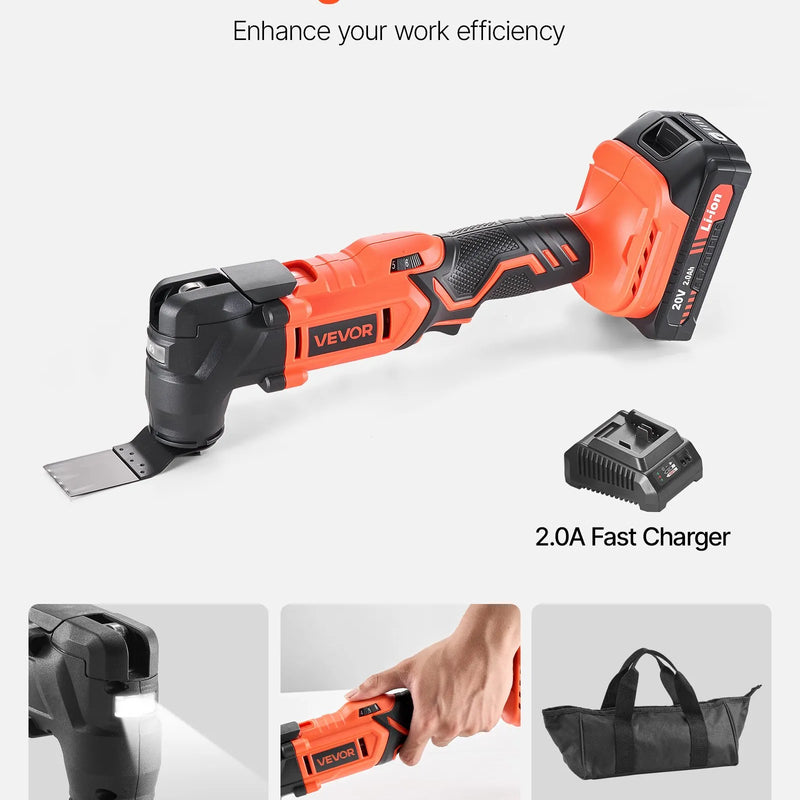 VEVOR bezvadu daudzfunkcionālais oscilējošais instruments 20 V ar 6 ātrumiem (8500–17000 OPM), 3,2° svārstību leņķi, 2,0 Ah akumulatoru un lādētāju, 12 zāģēšanas piederumiem un LED darba apgaismojumu