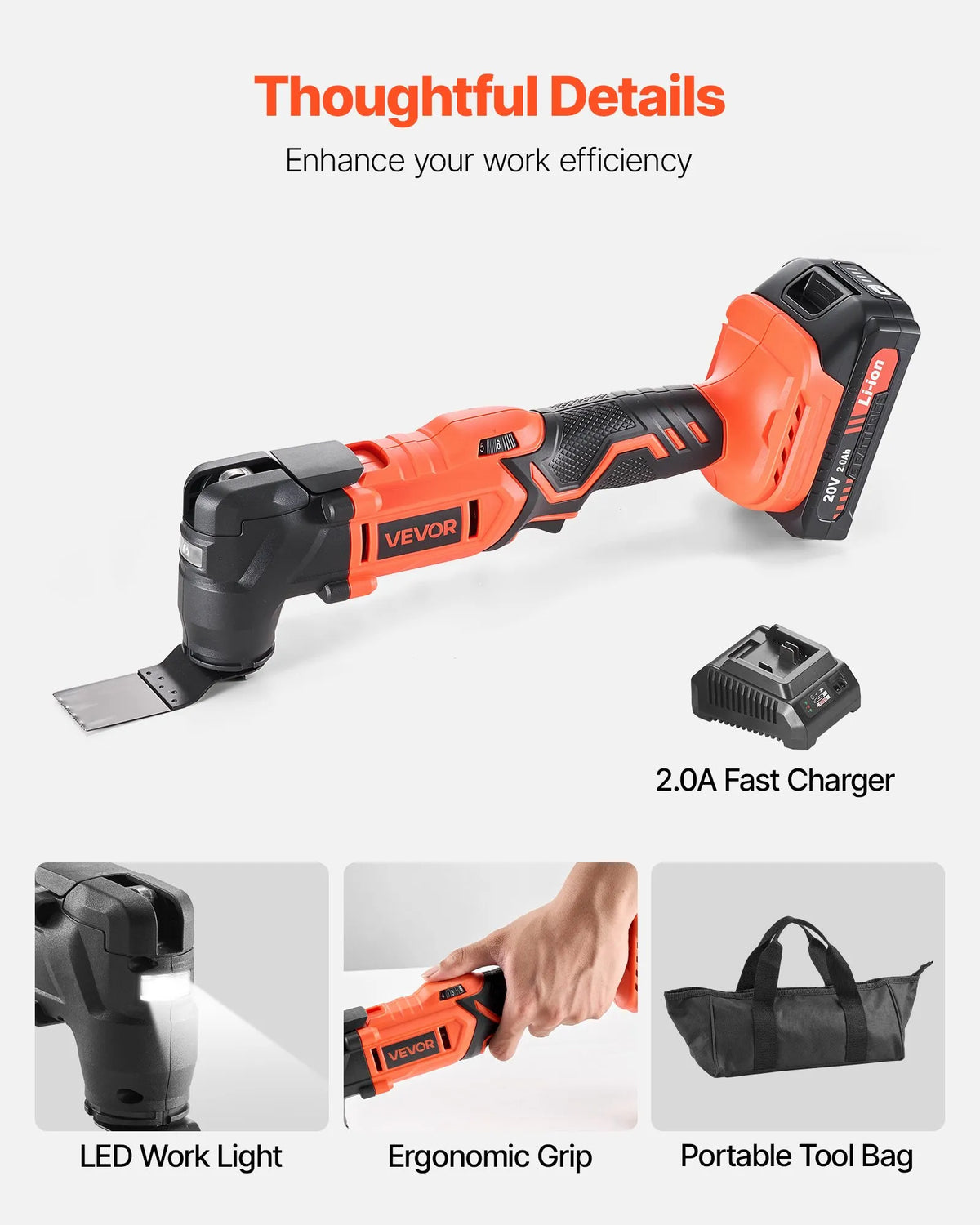 VEVOR Cordless Multi-Function Oscillating Tool 20V with 6 Speeds (8500–17000 OPM), 3.2° Oscillation Angle, 2.0 Ah Battery and Charger, 12 Cutting Accessories and LED Work Light