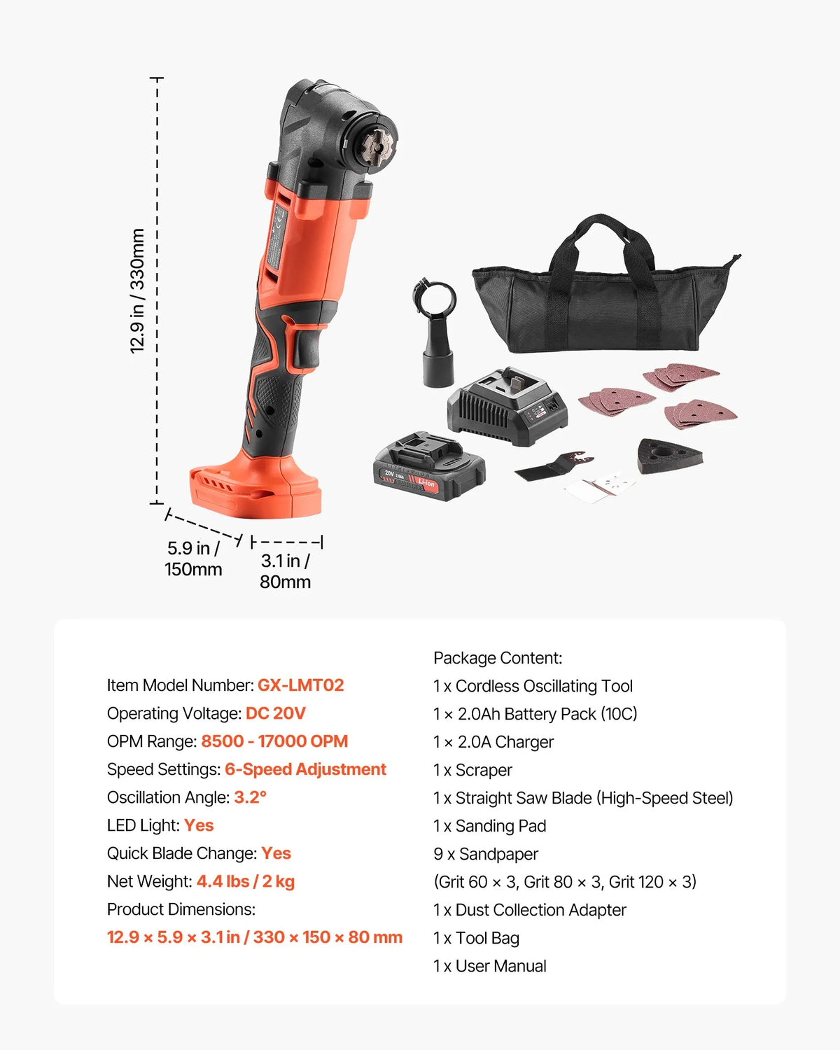 VEVOR Cordless Multi-Function Oscillating Tool 20V with 6 Speeds (8500–17000 OPM), 3.2° Oscillation Angle, 2.0 Ah Battery and Charger, 12 Cutting Accessories and LED Work Light