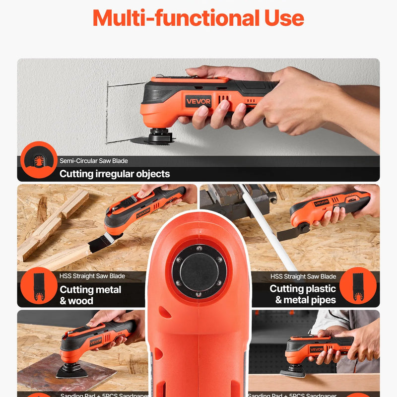 VEVOR bezvadu oscilējošais daudzfunkcionālais instruments, 12 V oscilējošais zāģa instruments ar 6 maināmiem ātrumiem (6000–17 500 OPM), 3,2° oscilācijas leņķi, 2,0 Ah akumulatoru un lādētāju, 8 zāģēšanas piederumiem un LED darba apgaismojumu