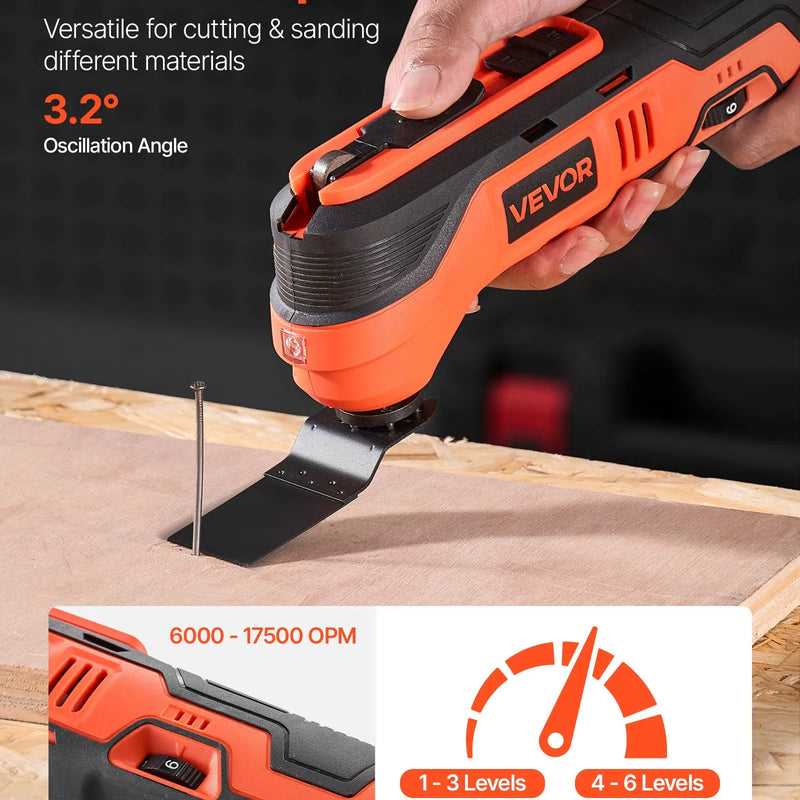 VEVOR bezvadu oscilējošais daudzfunkcionālais instruments, 12 V oscilējošais zāģa instruments ar 6 maināmiem ātrumiem (6000–17 500 OPM), 3,2° oscilācijas leņķi, 2,0 Ah akumulatoru un lādētāju, 8 zāģēšanas piederumiem un LED darba apgaismojumu