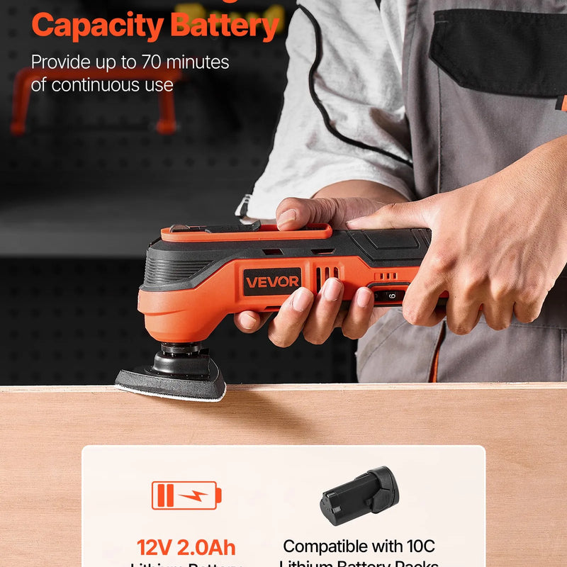 VEVOR bezvadu oscilējošais daudzfunkcionālais instruments, 12 V oscilējošais zāģa instruments ar 6 maināmiem ātrumiem (6000–17 500 OPM), 3,2° oscilācijas leņķi, 2,0 Ah akumulatoru un lādētāju, 8 zāģēšanas piederumiem un LED darba apgaismojumu