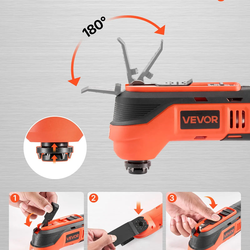 VEVOR bezvadu oscilējošais daudzfunkcionālais instruments, 12 V oscilējošais zāģa instruments ar 6 maināmiem ātrumiem (6000–17 500 OPM), 3,2° oscilācijas leņķi, 2,0 Ah akumulatoru un lādētāju, 8 zāģēšanas piederumiem un LED darba apgaismojumu