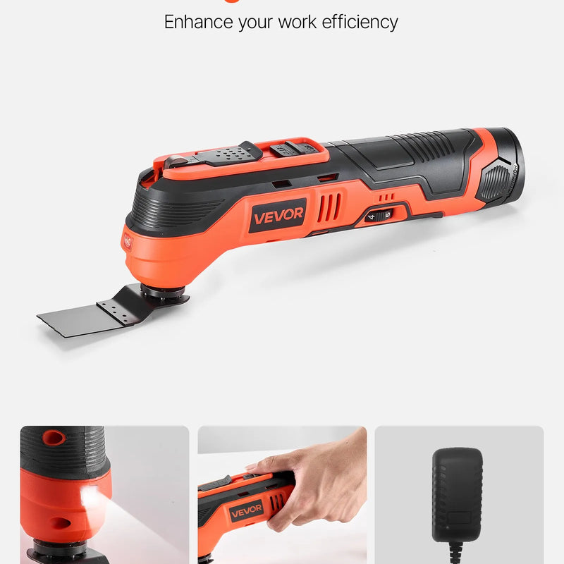 VEVOR bezvadu oscilējošais daudzfunkcionālais instruments, 12 V oscilējošais zāģa instruments ar 6 maināmiem ātrumiem (6000–17 500 OPM), 3,2° oscilācijas leņķi, 2,0 Ah akumulatoru un lādētāju, 8 zāģēšanas piederumiem un LED darba apgaismojumu