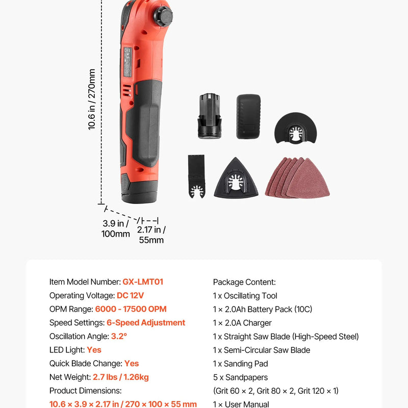 VEVOR bezvadu oscilējošais daudzfunkcionālais instruments, 12 V oscilējošais zāģa instruments ar 6 maināmiem ātrumiem (6000–17 500 OPM), 3,2° oscilācijas leņķi, 2,0 Ah akumulatoru un lādētāju, 8 zāģēšanas piederumiem un LED darba apgaismojumu
