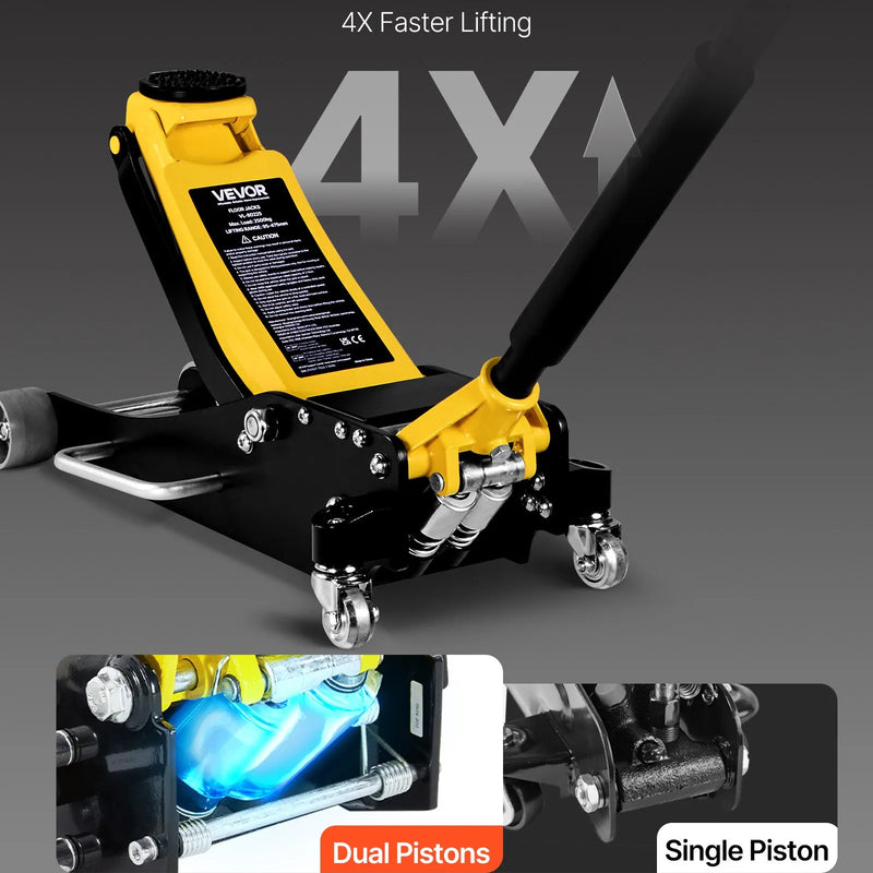 VEVOR zema profila hidrauliskais grīdas domkrats 2,5 t, alumīnija un tērauda konstrukcija, sacīkšu tipa domkrats ar divvirzuļu ātrās pacelšanas sūkni, automobiļu pacēlājs sedaniem un kompaktajiem SUV, pacelšanas diapazons 95–475 mm