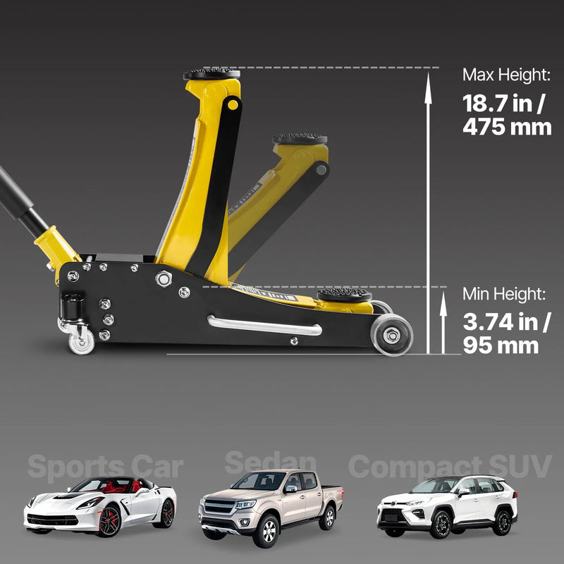 VEVOR zema profila hidrauliskais grīdas domkrats 2,5 t, alumīnija un tērauda konstrukcija, sacīkšu tipa domkrats ar divvirzuļu ātrās pacelšanas sūkni, automobiļu pacēlājs sedaniem un kompaktajiem SUV, pacelšanas diapazons 95–475 mm