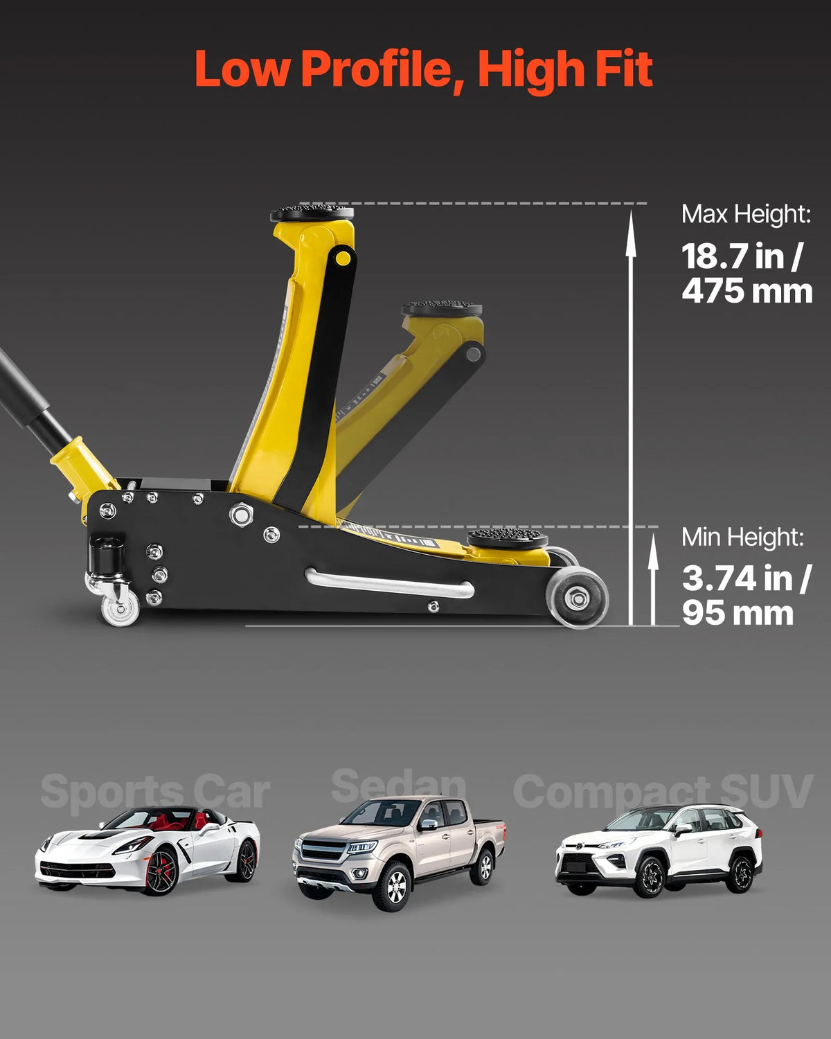 VEVOR Low Profile Hydraulic Floor Jack 2.5 t, Aluminium and Steel Construction, Racing Jack with Dual-Piston Fast-Lift Pump, Car Lift for Sedans and Compact SUVs, Lifting Range 95–475 mm