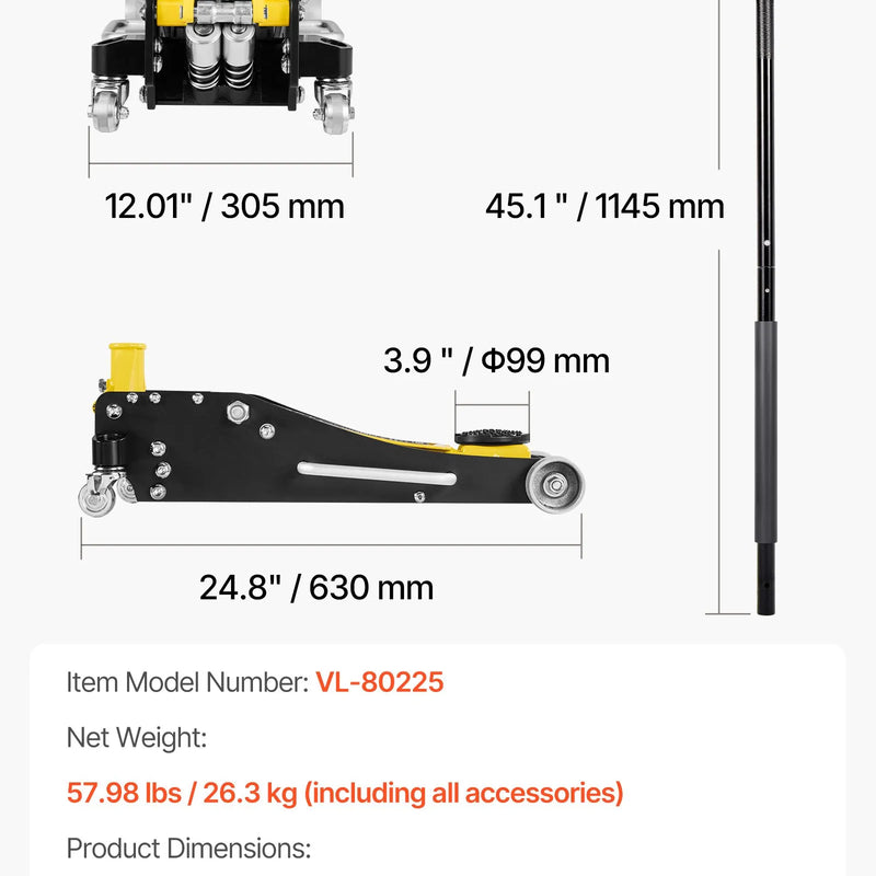 VEVOR zema profila hidrauliskais grīdas domkrats 2,5 t, alumīnija un tērauda konstrukcija, sacīkšu tipa domkrats ar divvirzuļu ātrās pacelšanas sūkni, automobiļu pacēlājs sedaniem un kompaktajiem SUV, pacelšanas diapazons 95–475 mm