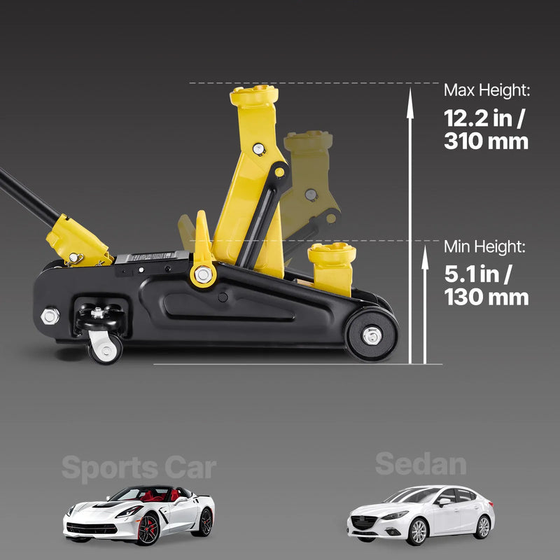 VEVOR zema profila hidrauliskais grīdas domkrats 1,5 t, tērauda sacīkšu tipa domkrats ar vienvirzuļa ātrās pacelšanas sūkni, transportēšanas koferis, automobiļu pacēlājs sporta auto un sedaniem, pacelšanas diapazons 130–310 mm