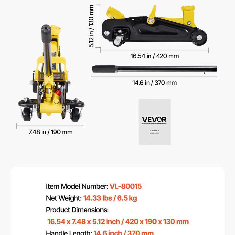 VEVOR zema profila hidrauliskais grīdas domkrats 1,5 t, tērauda sacīkšu tipa domkrats ar vienvirzuļa ātrās pacelšanas sūkni, transportēšanas koferis, automobiļu pacēlājs sporta auto un sedaniem, pacelšanas diapazons 130–310 mm