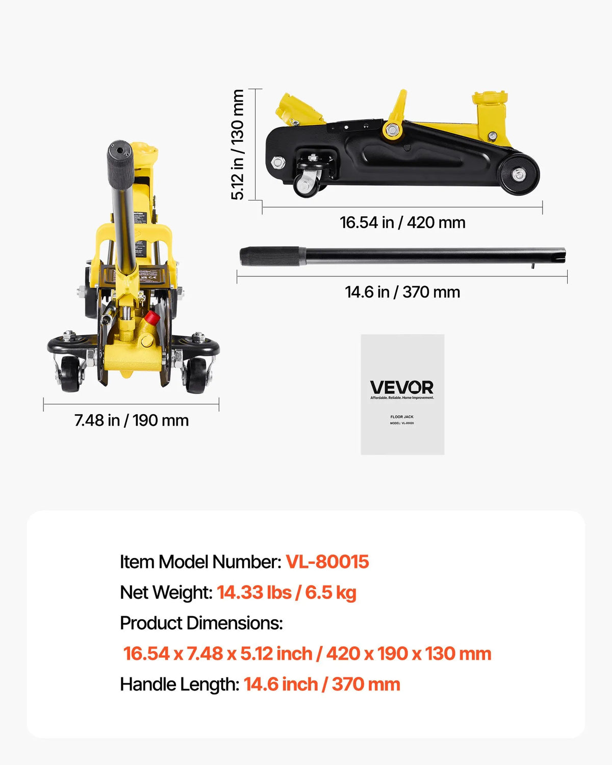 VEVOR Low Profile Hydraulic Floor Jack 1.5 t, Steel Scissor-Type Jack with Single-Acting Fast-Lift Pump, Transport Case, Car Lift for Sports Cars and Sedans, Lifting Range 130–310 mm