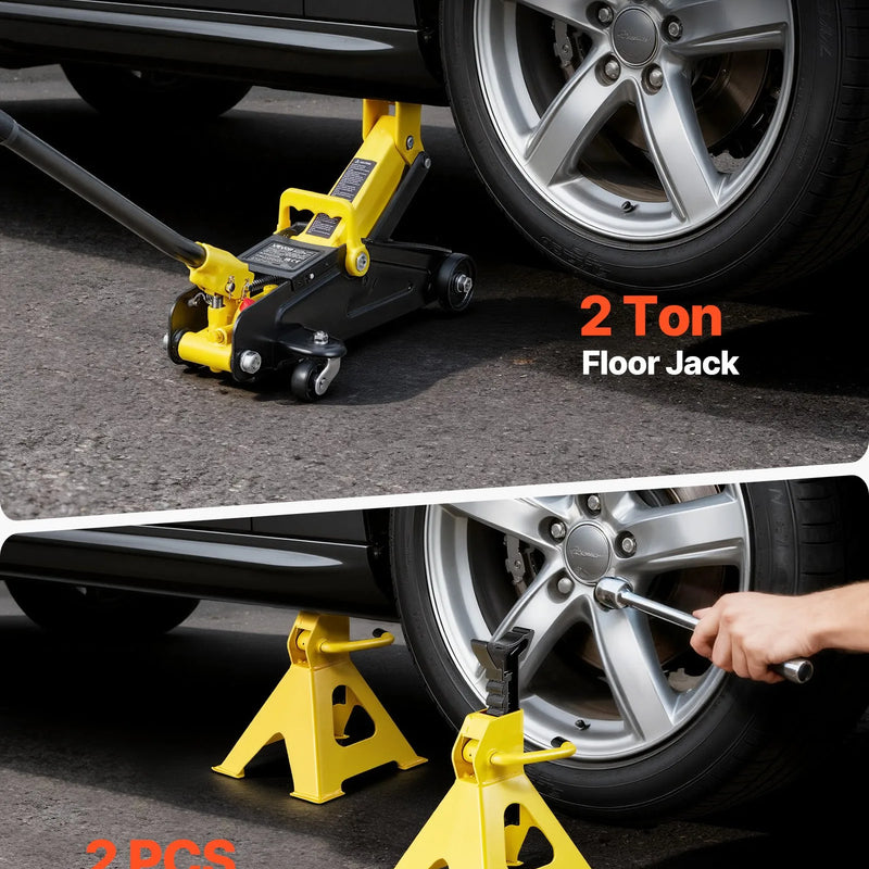 VEVOR zema profila hidrauliskais grīdas domkrats 2 t, tērauda sacīkšu tipa domkrats ar balsta statņiem, vienvirzuļa ātrās pacelšanas sūknis, automobiļu pacēlājs sporta auto un kompaktiem SUV, pacelšanas diapazons 130–310 mm