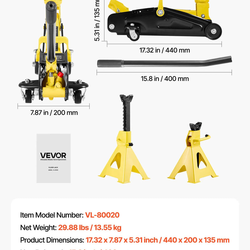 VEVOR zema profila hidrauliskais grīdas domkrats 2 t, tērauda sacīkšu tipa domkrats ar balsta statņiem, vienvirzuļa ātrās pacelšanas sūknis, automobiļu pacēlājs sporta auto un kompaktiem SUV, pacelšanas diapazons 130–310 mm