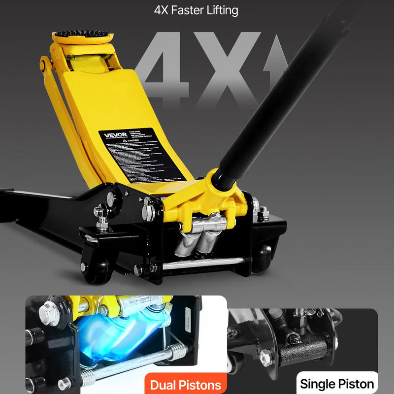 VEVOR zema profila grīdas domkrats, maksimālā slodze 2 t, tērauda sacīkšu grīdas domkrats ar diviem virzuļiem un ātrās pacelšanas sūkni, smagās hidraulikas ratiņu pacēlājs sporta automašīnām un sedaniem, pacelšanas diapazons 75–505 mm.