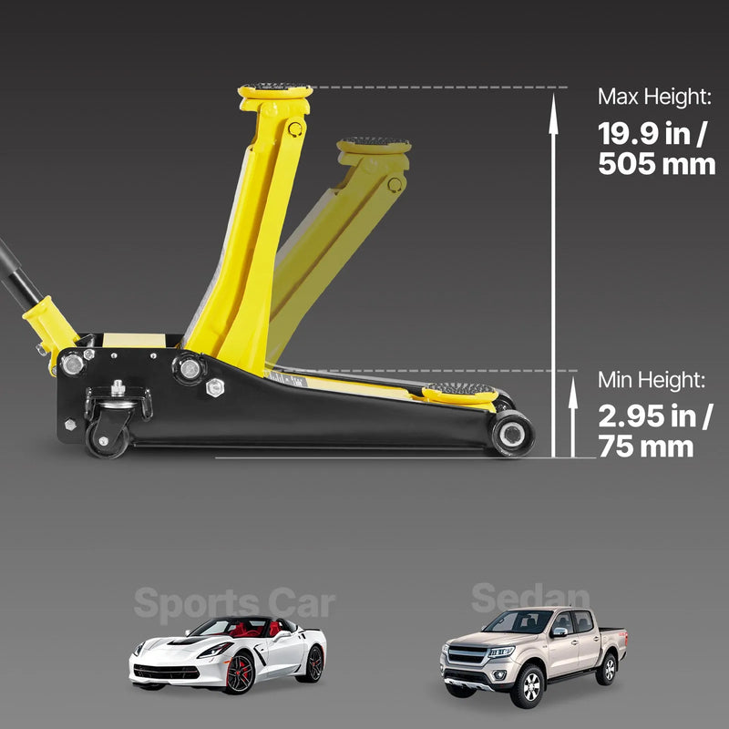 VEVOR zema profila grīdas domkrats, maksimālā slodze 2 t, tērauda sacīkšu grīdas domkrats ar diviem virzuļiem un ātrās pacelšanas sūkni, smagās hidraulikas ratiņu pacēlājs sporta automašīnām un sedaniem, pacelšanas diapazons 75–505 mm.
