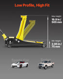 VEVOR zema profila grīdas domkrats, maksimālā slodze 2 t, tērauda sacīkšu grīdas domkrats ar diviem virzuļiem un ātrās pacelšanas sūkni, smagās hidraulikas ratiņu pacēlājs sporta automašīnām un sedaniem, pacelšanas diapazons 75–505 mm.