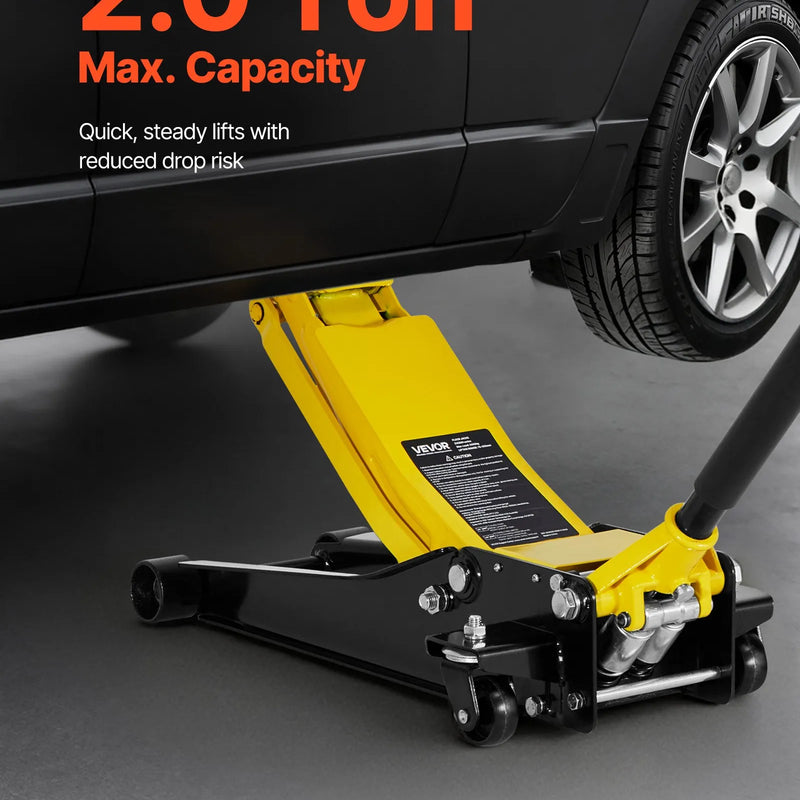 VEVOR zema profila grīdas domkrats, maksimālā slodze 2 t, tērauda sacīkšu grīdas domkrats ar diviem virzuļiem un ātrās pacelšanas sūkni, smagās hidraulikas ratiņu pacēlājs sporta automašīnām un sedaniem, pacelšanas diapazons 75–505 mm.