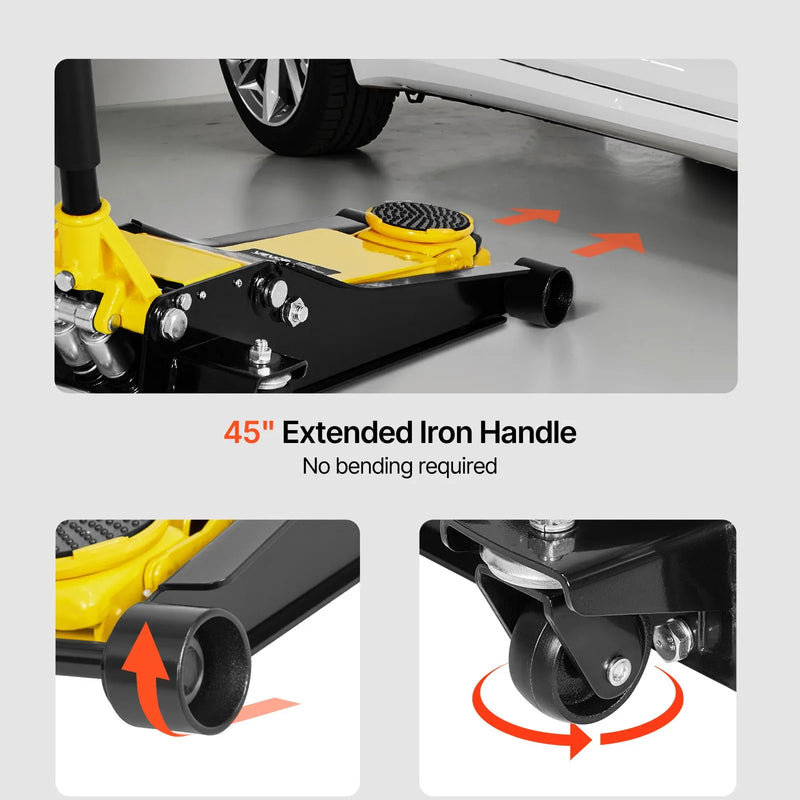 VEVOR zema profila grīdas domkrats, maksimālā slodze 2 t, tērauda sacīkšu grīdas domkrats ar diviem virzuļiem un ātrās pacelšanas sūkni, smagās hidraulikas ratiņu pacēlājs sporta automašīnām un sedaniem, pacelšanas diapazons 75–505 mm.