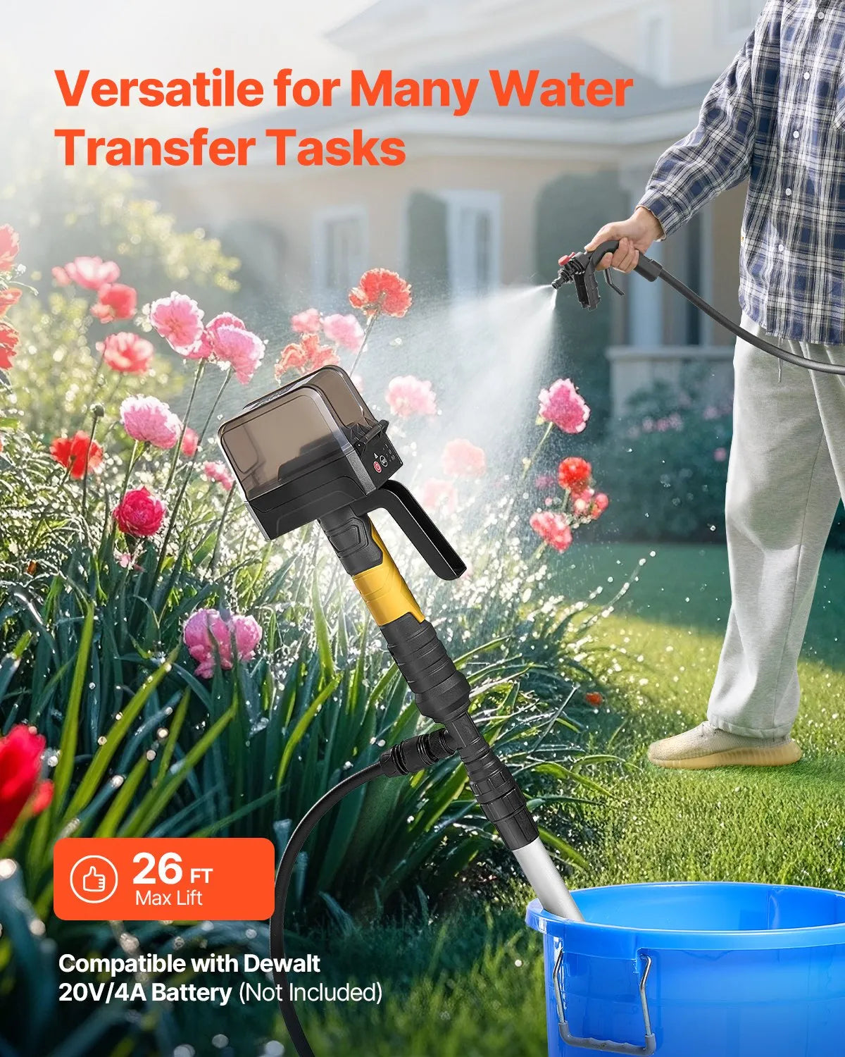 VEVOR Cordless Shaft Pump Water Transfer Pump 33 l/min, Portable Drainage Pump with NPT 3/4 Garden Hose Connection, Compatible with DEWALT 20 V Battery (Battery Not Included), for Pool, Garden and Pond