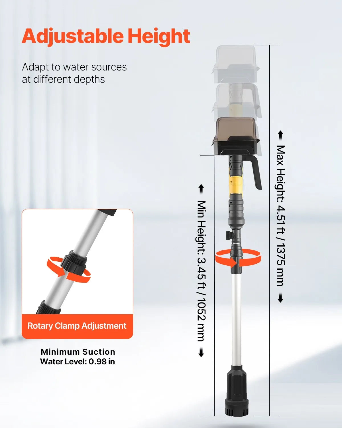 VEVOR Cordless Shaft Pump Water Transfer Pump 33 l/min, Portable Drainage Pump with NPT 3/4 Garden Hose Connection, Compatible with DEWALT 20 V Battery (Battery Not Included), for Pool, Garden and Pond