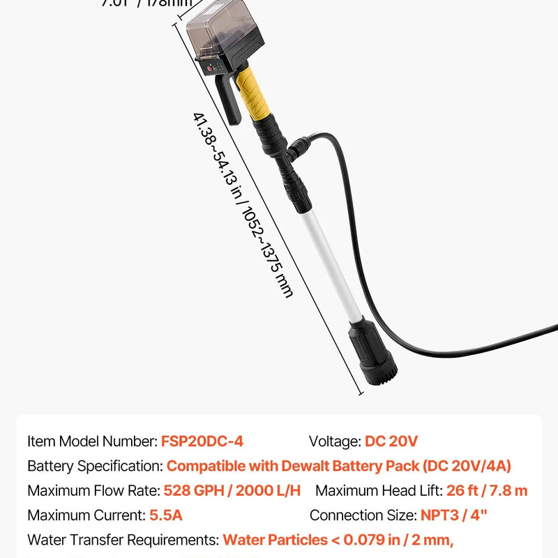 VEVOR bezvada stieņa tipa ūdens pārsūknēšanas sūknis 33 l/min, pārnēsājams drenāžas sūknis ar NPT 3/4 dārza šļūtenes pieslēgumu, saderīgs ar DEWALT 20 V akumulatoru (bez akumulatora), baseinam, dārzam un dīķim