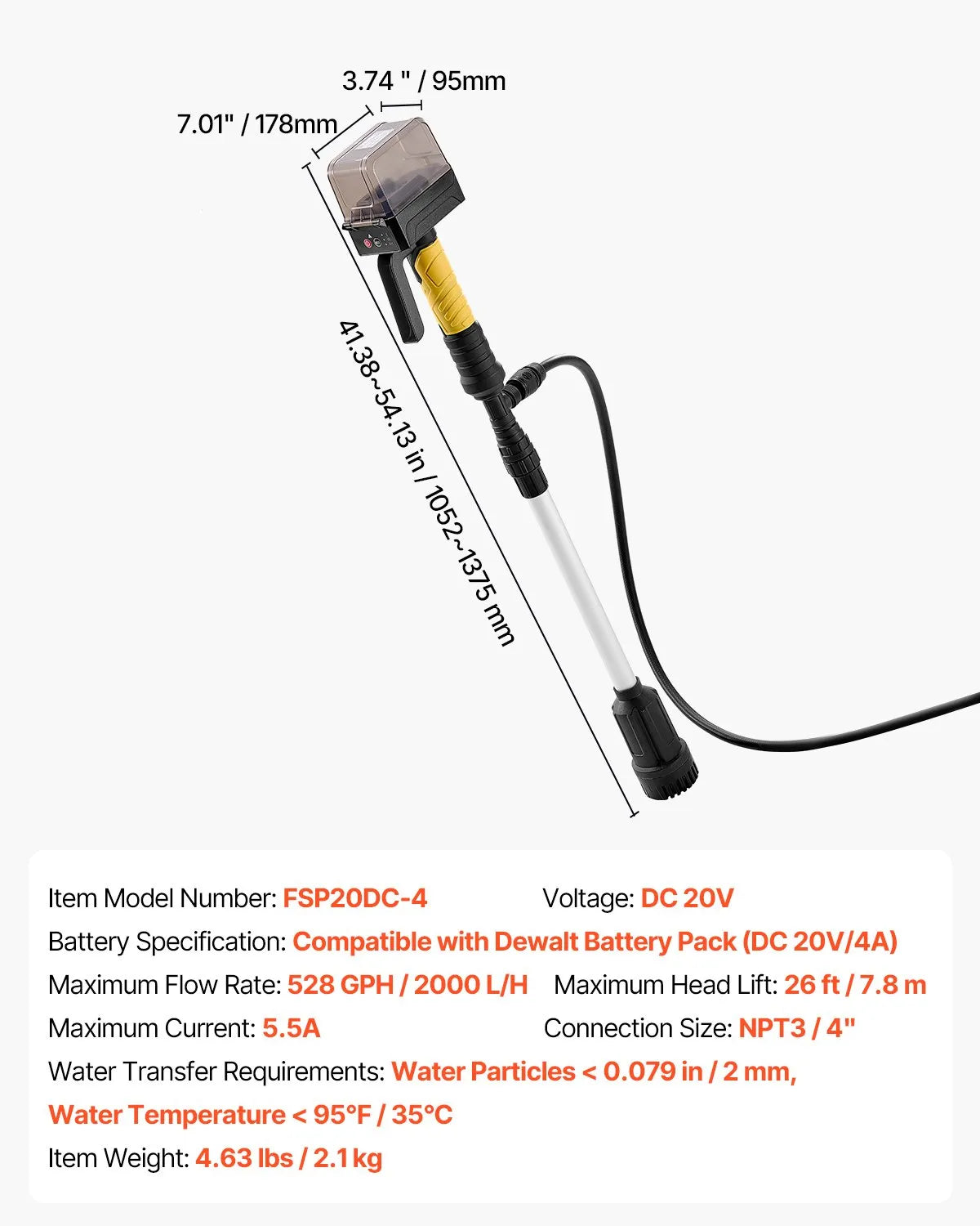 VEVOR Cordless Shaft Pump Water Transfer Pump 33 l/min, Portable Drainage Pump with NPT 3/4 Garden Hose Connection, Compatible with DEWALT 20 V Battery (Battery Not Included), for Pool, Garden and Pond