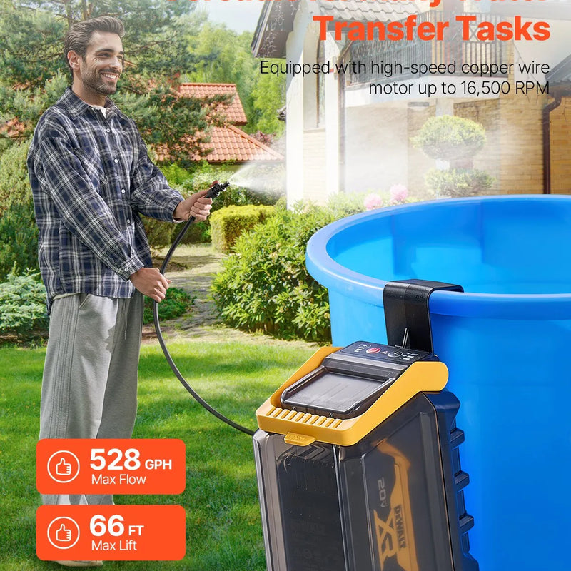 VEVOR bezvada iegremdējamais ūdens pārsūknēšanas sūknis 33 l/min, pārnēsājams drenāžas sūknis ar G3/4 dārza šļūtenes pieslēgumu, saderīgs ar DEWALT 20 V akumulatoru (bez akumulatora), baseinam, dārzam un dīķim