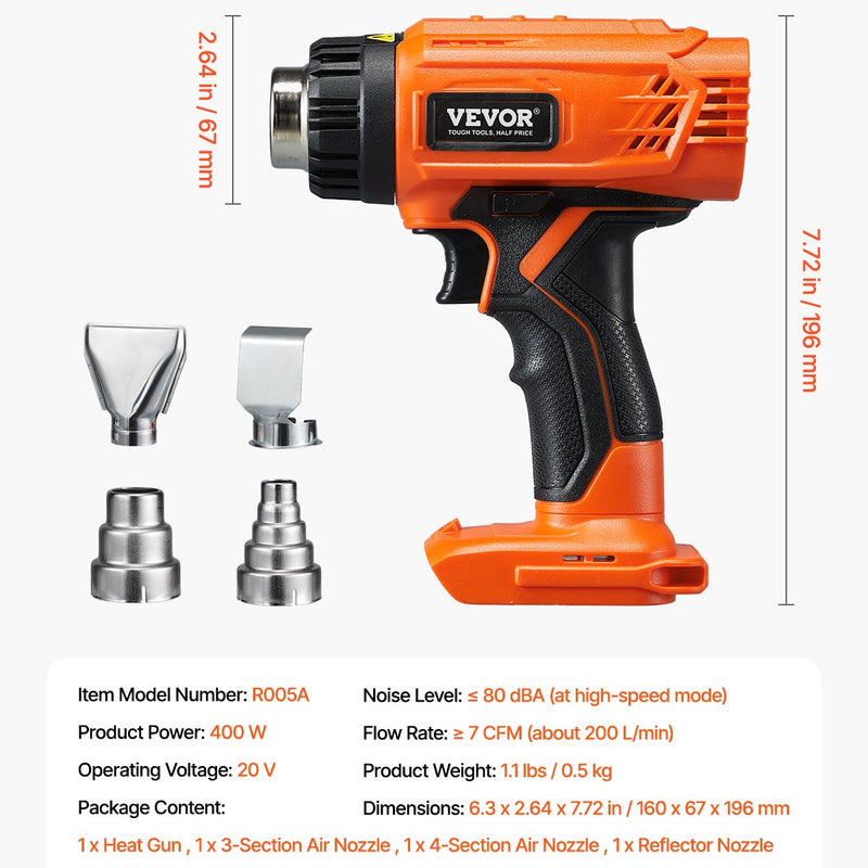 VEVOR Bezvadu karstā gaisa fēns ar LED apgaismojumu, 6 temperatūras režīmi un 4 uzgaļi