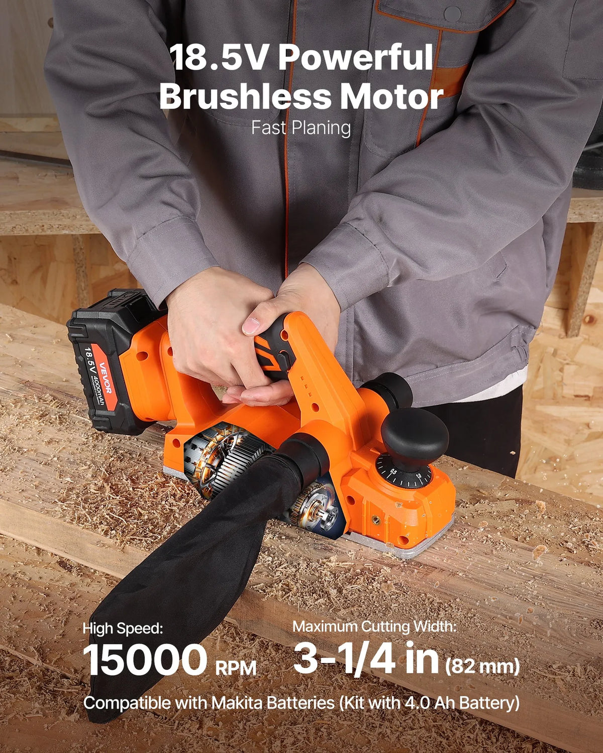 VEVOR Cordless Hand Planer, 82 mm Planing Width, 15,000 RPM Electric Hand Wood Planer with 4 Ah 18 V Lithium Battery, Brushless Motor, Adjustable Planing Depth, Dust Collection Bag, Woodworking