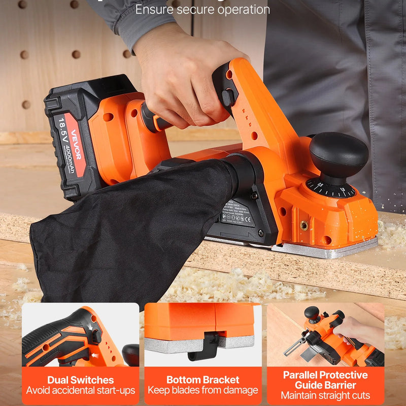 VEVOR bezvadu rokas ēvele, 82 mm ēvelēšanas platums, 15 000 apgr./min elektriskā rokas koka ēvele ar 4 Ah 18 V litija akumulatoru, bezsuku motors, regulējams ēvelēšanas dziļums, putekļu savākšanas maiss, kokapstrādei
