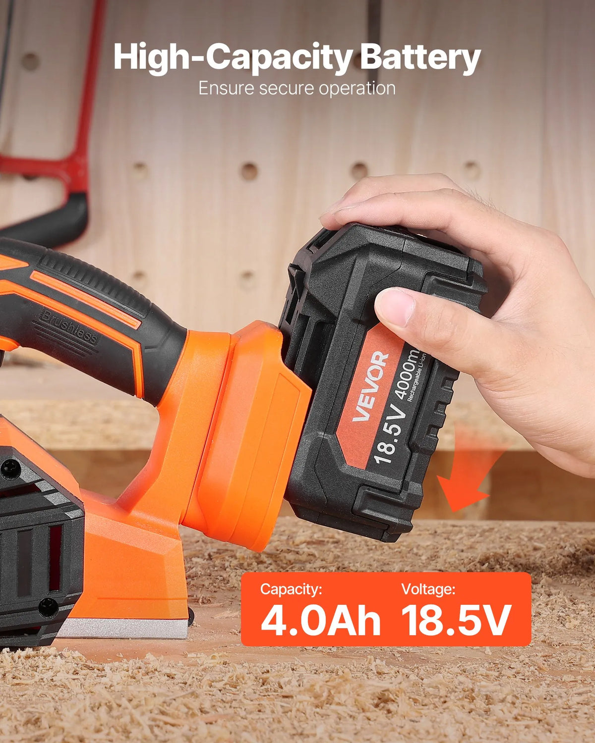 VEVOR Cordless Hand Planer, 82 mm Planing Width, 15,000 RPM Electric Hand Wood Planer with 4 Ah 18 V Lithium Battery, Brushless Motor, Adjustable Planing Depth, Dust Collection Bag, Woodworking