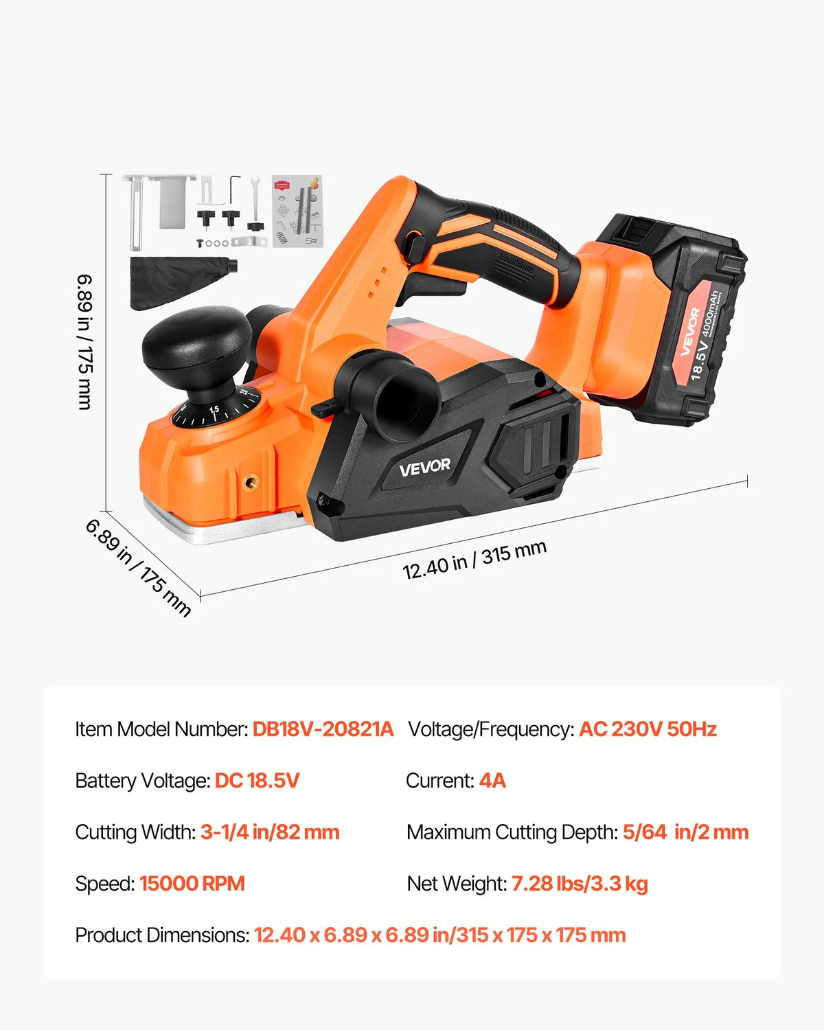 VEVOR Cordless Hand Planer, 82 mm Planing Width, 15,000 RPM Electric Hand Wood Planer with 4 Ah 18 V Lithium Battery, Brushless Motor, Adjustable Planing Depth, Dust Collection Bag, Woodworking